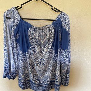 INC International Concepts Off Shoulder Top Split Sleeve blue and white design